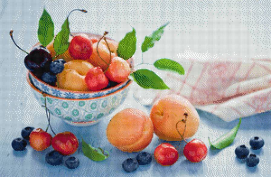 Фруктики - фрукты, ягоды, абрикос, сливы, в, посуда, нежно, тарелки, персик - предпросмотр