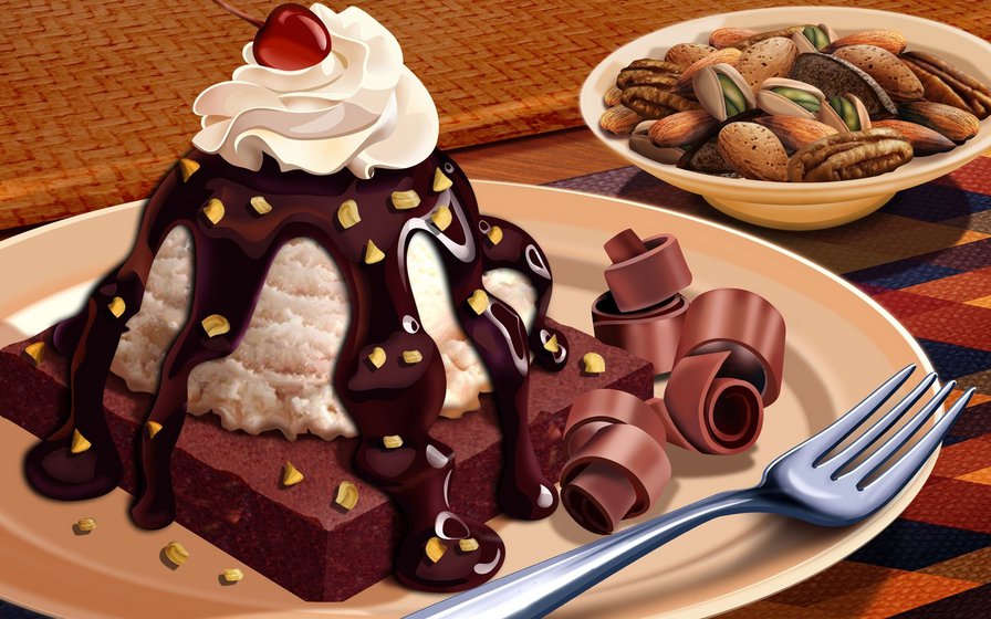 Вишенка - десерт, вилка, вишня, шоколад - оригинал