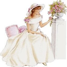 dama de blanco sobre cojines rosas