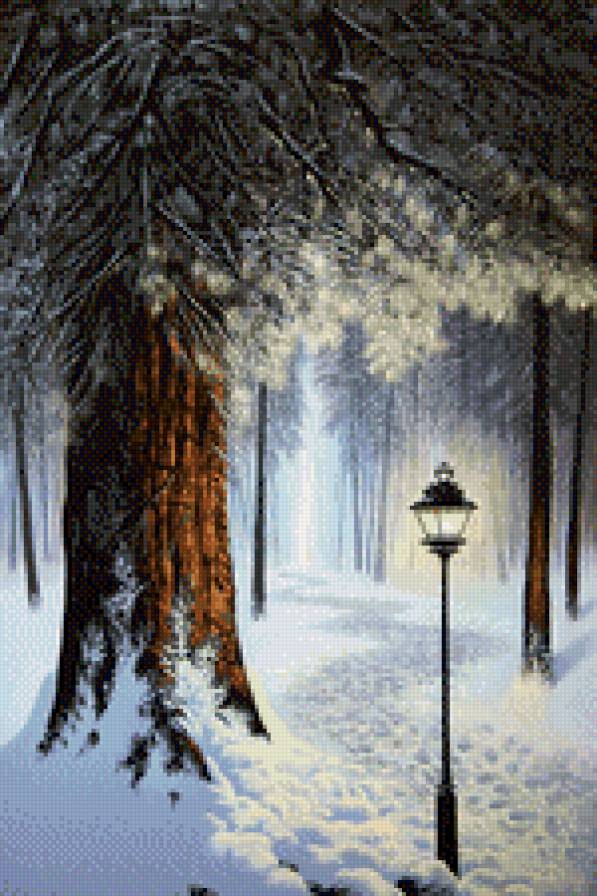 Зимнее чудо - лес, фонарь, зима, снег - предпросмотр