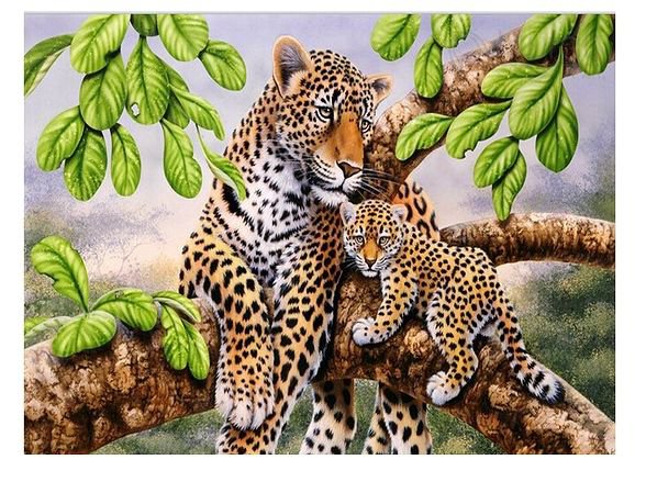 Леопард с малышом - леопард, животные, лес - оригинал