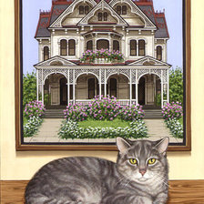 Схема вышивки «gato con casa victoriana»