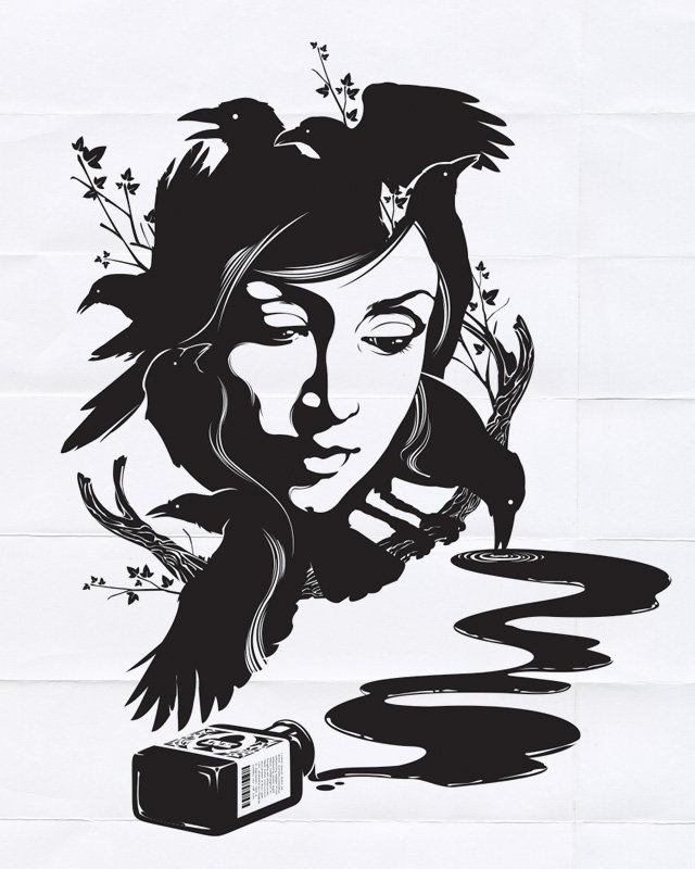 Девушка ворон - девушка, монохром, птицы, вороны - оригинал