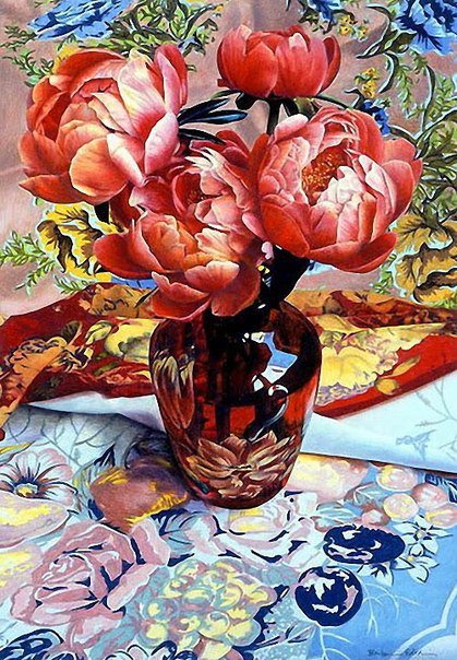 красные пионы - пионы, букет, живопись, ваза, цветы, натюрморт - оригинал