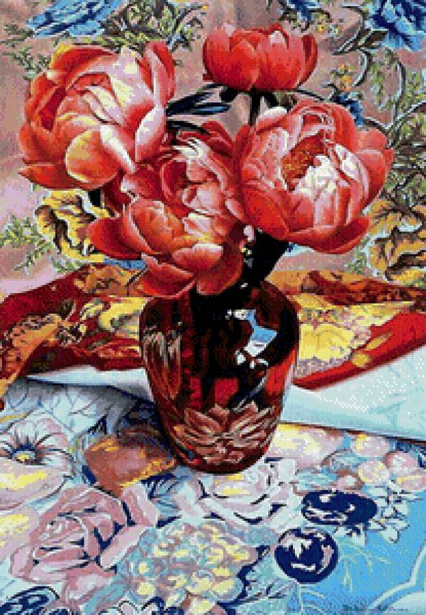 красные пионы - натюрморт, живопись, букет, ваза, цветы, пионы - предпросмотр