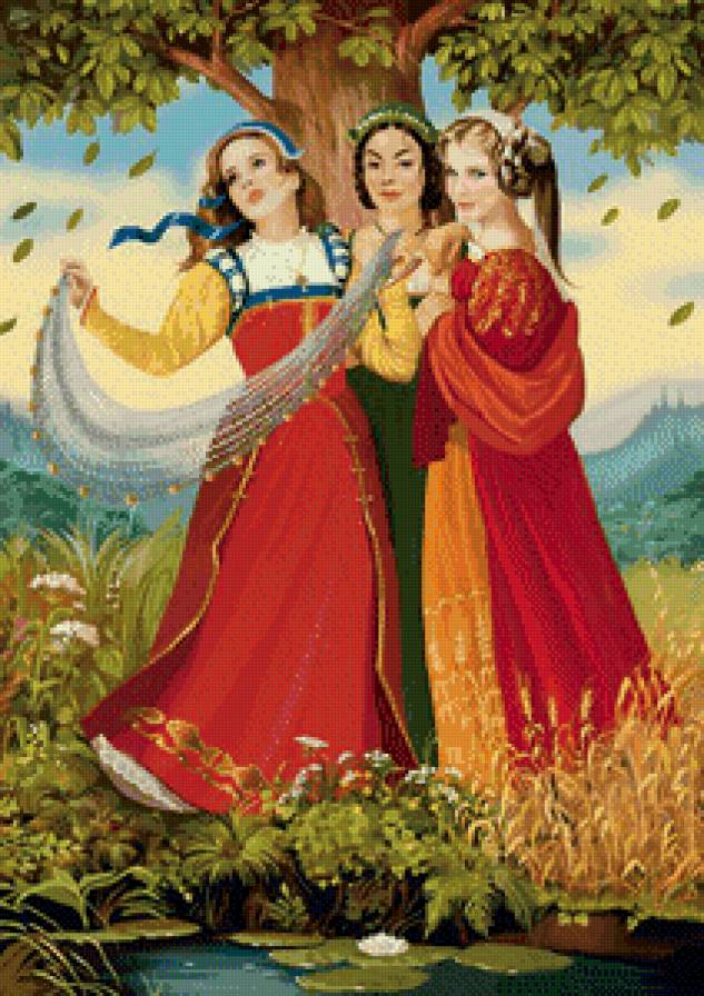 три красавицы - девушки, рисунок, дерево, красавица - предпросмотр