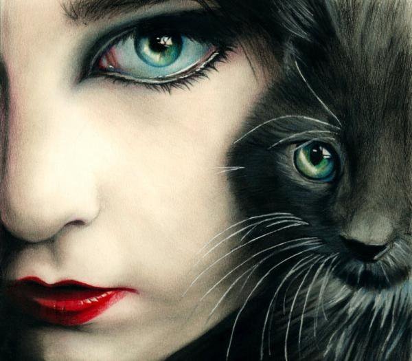 родственные души - девушка, красота, кошка, взгляд, глаза, друзья, кот - оригинал