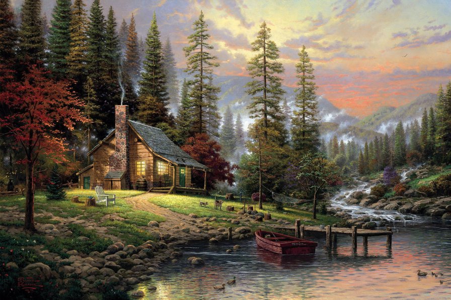 пейзаж - лес, горы, лодка, осень, дом, пейзаж, река - оригинал