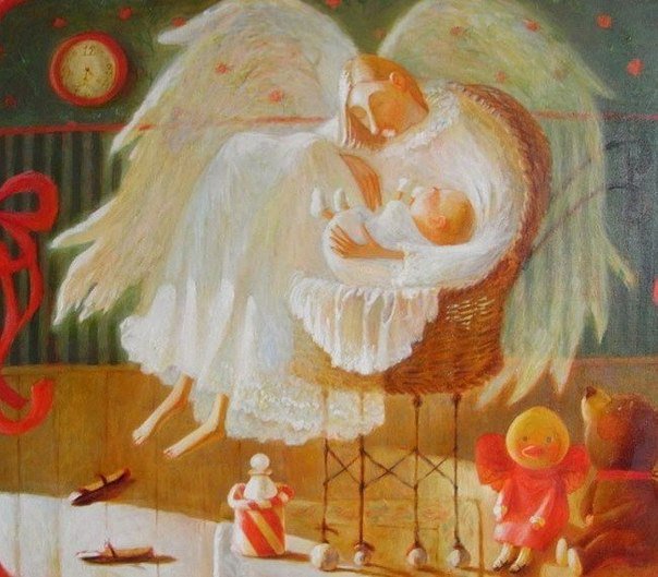 Мама - дети, ангел, живопись - оригинал