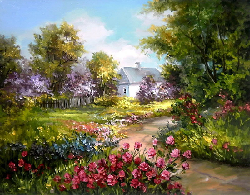 домик в цветах - природа, живопись, цветы, домик, пейзаж - оригинал