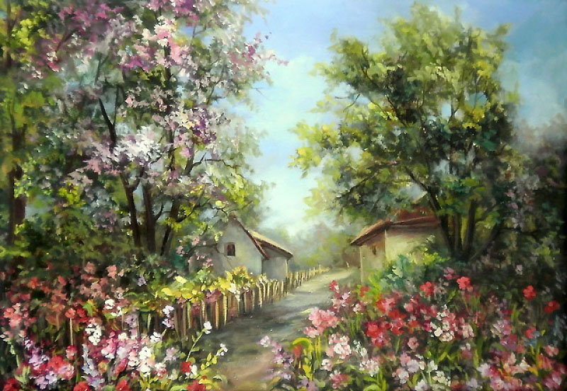 сады цветут - сад, природа, деревня, живопись, цветы - оригинал