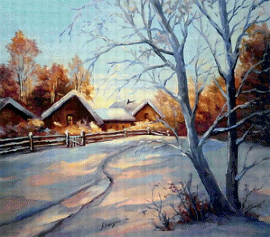 зима в деревне - лес, пейзаж, снег, дерево, зима, живопись, деревня, природа - предпросмотр