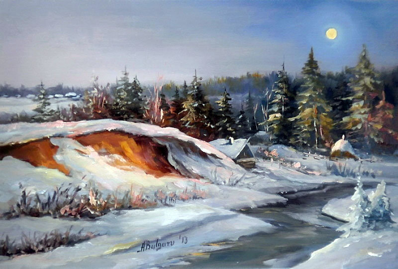 зимний вечер - зима, деревья, природа, пейзаж, вечер, живопись - оригинал
