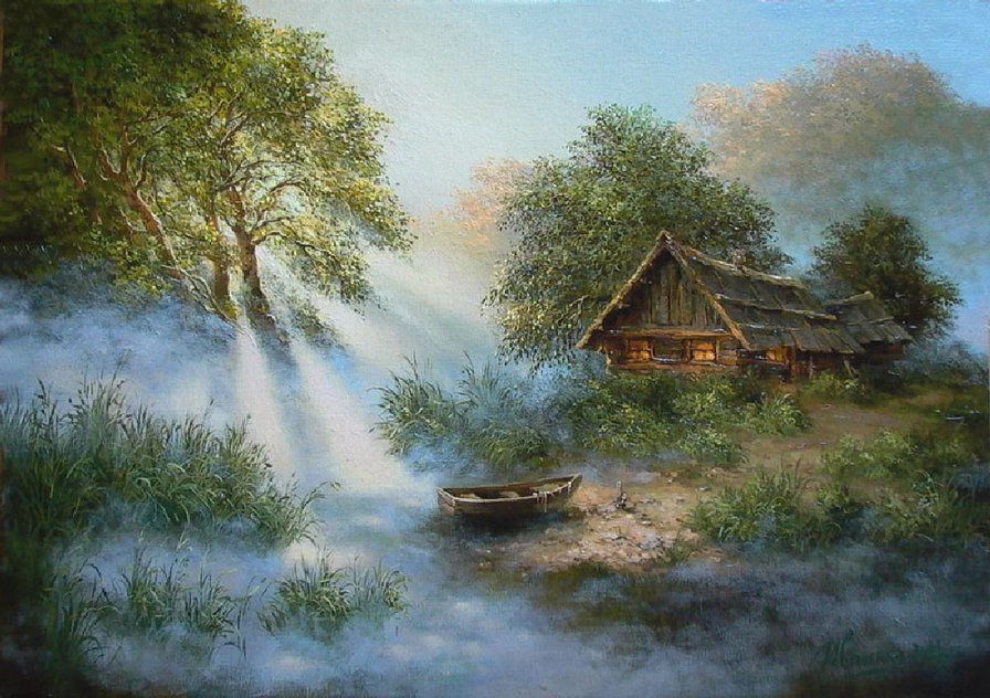 в тумане - природа, речка, туман, дом, река, избушка - оригинал