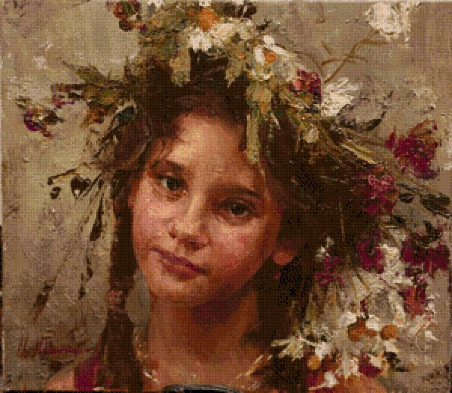 девочка в венке - цветы, живопись, лицо, девочка, портрет, венок - предпросмотр