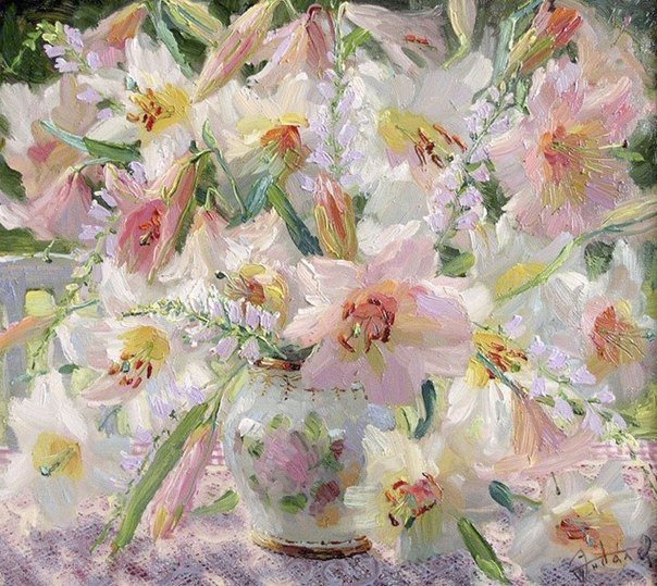 белые лилии - цветы, масло, лилии, ваза, букет, живопись - оригинал
