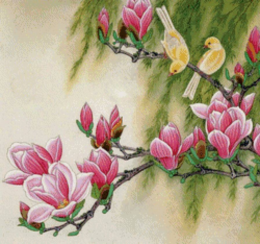 серия цветы и птицы 1 - птички на ветке, птички, китайские мотивы, цветы - предпросмотр