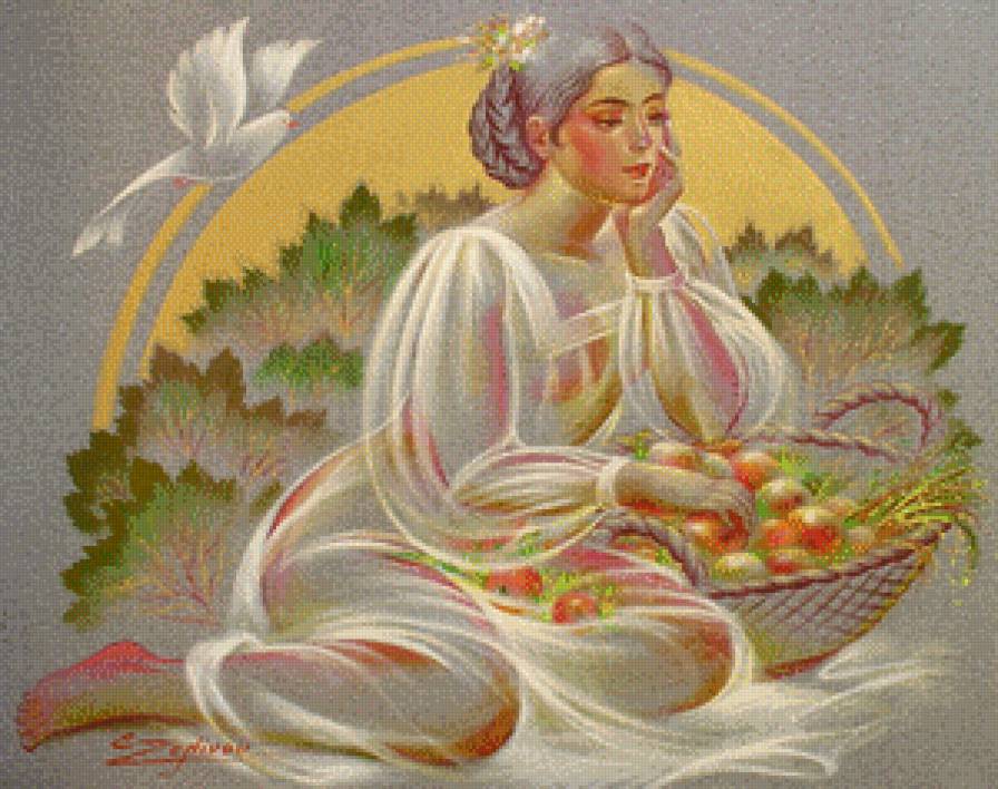 mujer con cesta de manzanas - предпросмотр