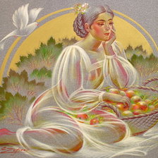 mujer con cesta de manzanas
