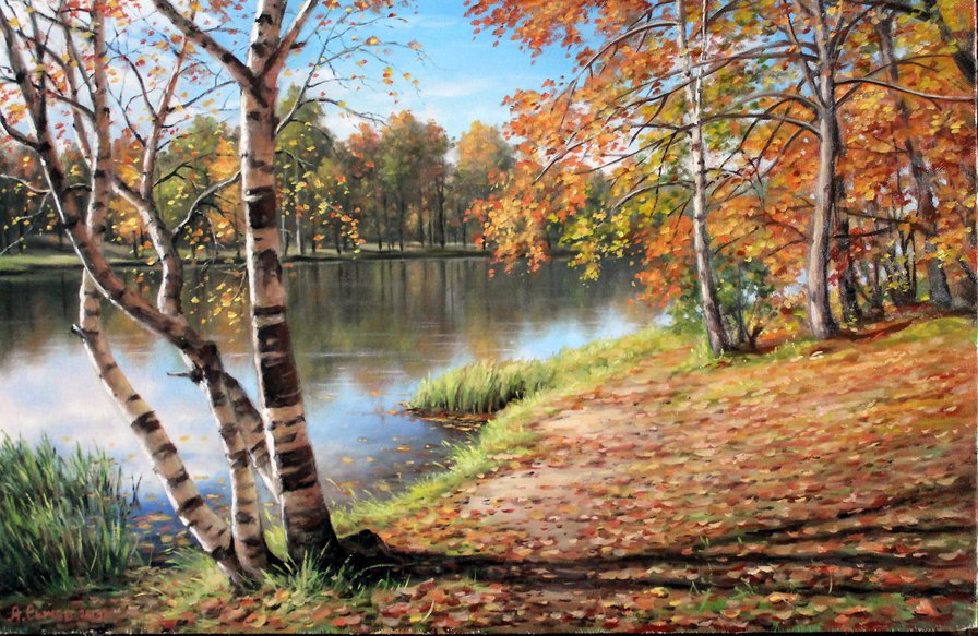 берёзы осенью - береза, озеро, живопись, осень, река, лес, дерево, пейзаж - оригинал