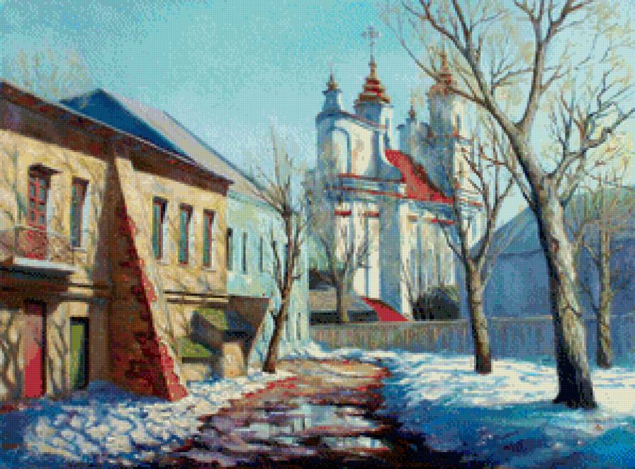 дворик за церковью - церковь, зима, дворик, город, живопись, снег, храм, пейзаж - предпросмотр