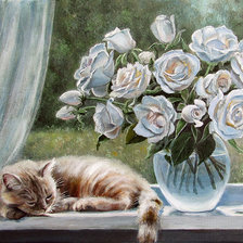 Оригинал схемы вышивки «Розы и кот» (№823530)