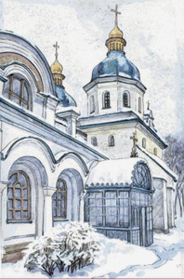 церковь зимой - зима, церковь, храм, арт, снег, графика, живопись - предпросмотр