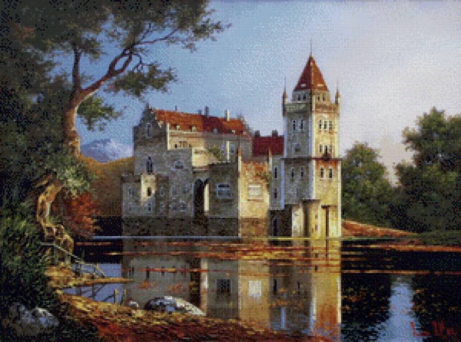 французский замок - пруд, замок, пейзаж - предпросмотр