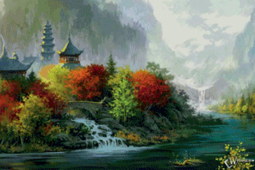 японский пейзаж - водопад, пагода, пейзаж, река, закат, горы, япония, сад - предпросмотр