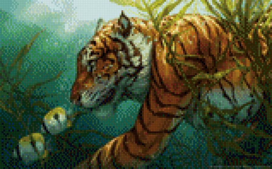 Тигр под водой - водоросли, вода, рыбки, тигр - предпросмотр