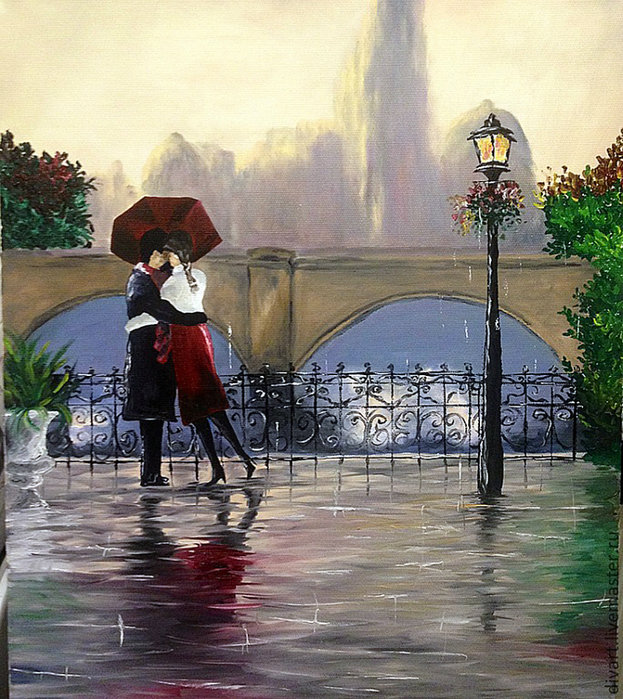 двое под зонтиком - дождь, фонарь, романтика, любовь, зонтик, пара - оригинал