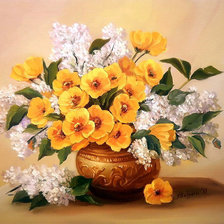 Оригинал схемы вышивки «букет белой сирени с тюльпанами в вазе» (№826416)