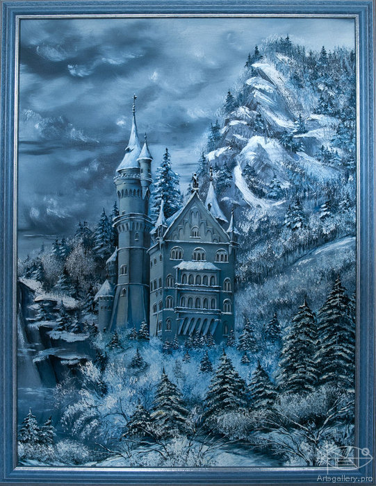 замок в горах - снег, живопись, пейзаж, горы, монохром, зима, замок - оригинал