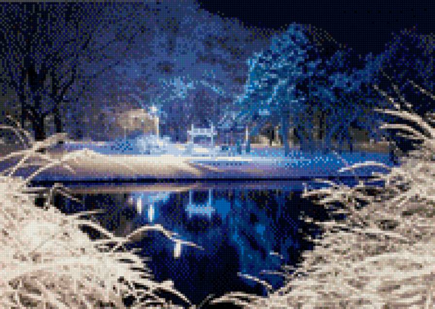 Зима-красота - зима, ночь, пруд - предпросмотр