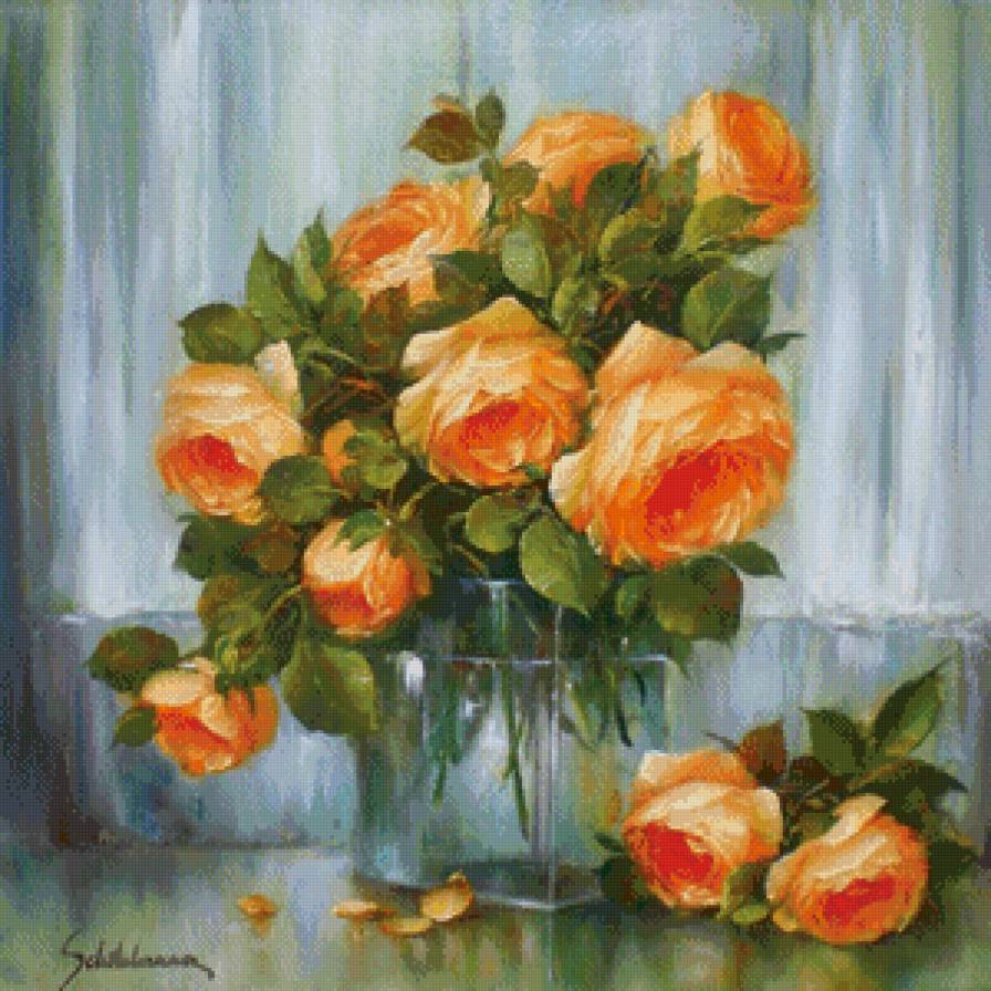 чайные розы - цветы, роза, живопись, ваза, натюрморт, букет - предпросмотр