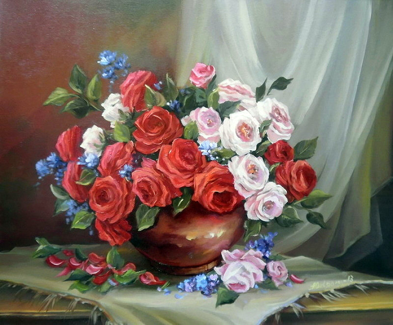 букет роз в вазе - цветы, горшок, натюрморт, живопись, розы, букет, ваза - оригинал