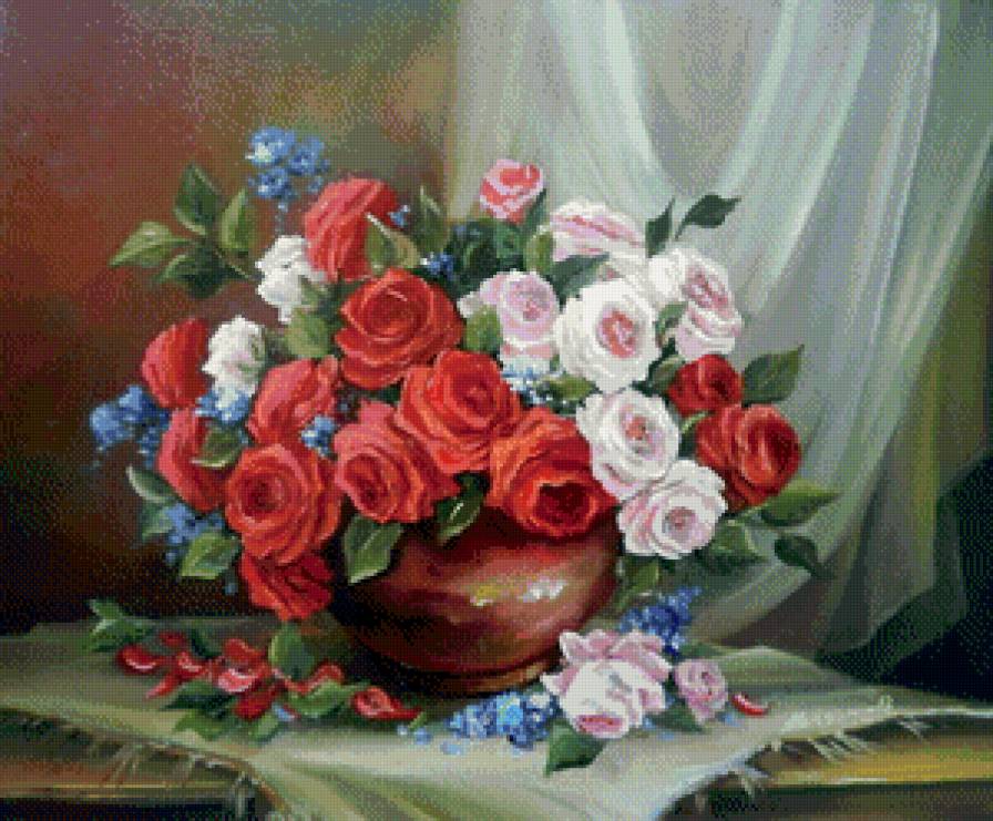 букет роз в вазе - розы, горшок, живопись, букет, ваза, натюрморт, цветы - предпросмотр