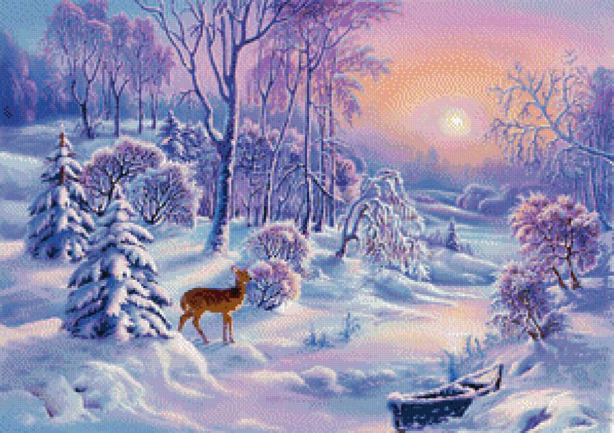 Олень - закат, зима, пейзаж, природа, животные - предпросмотр