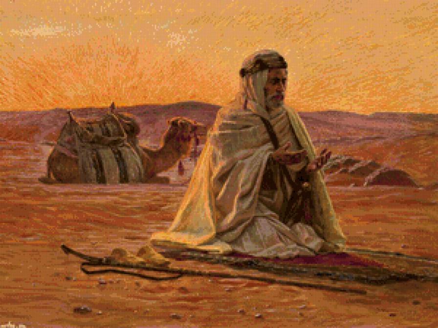 восточная молитва - закат, пустыня, песок, восток, молитва, верблюд - предпросмотр