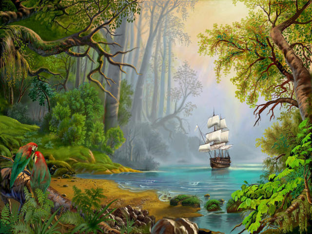 Парусник в джунглях - паруса, красота, корабль, парусник, море - оригинал
