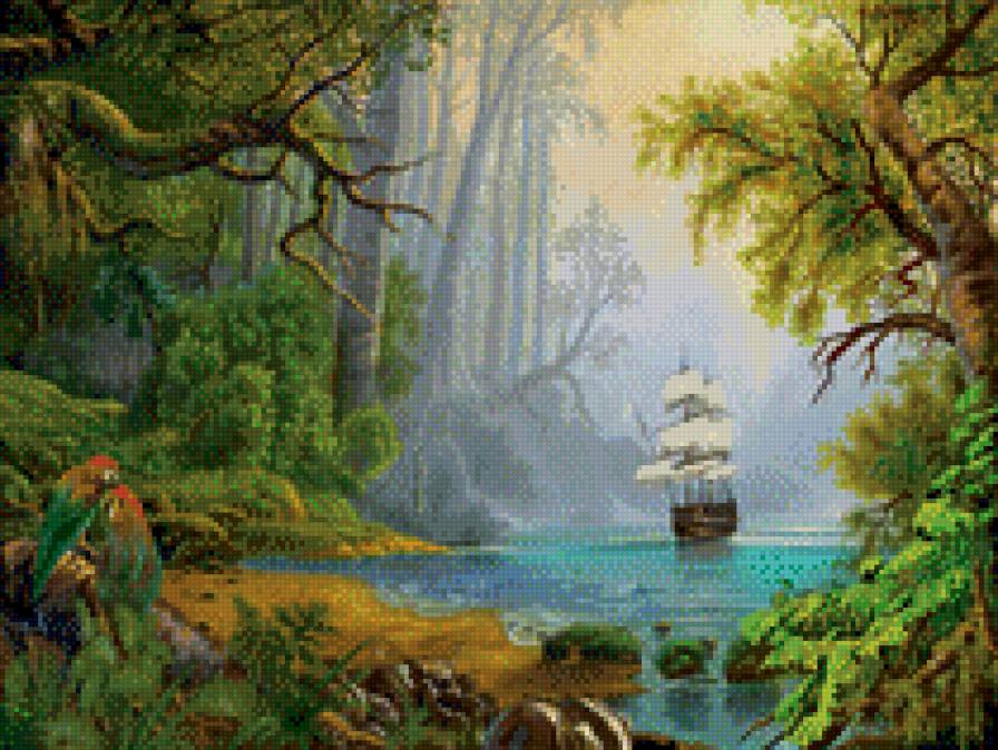 Парусник в джунглях - паруса, море, корабль, красота, парусник - предпросмотр