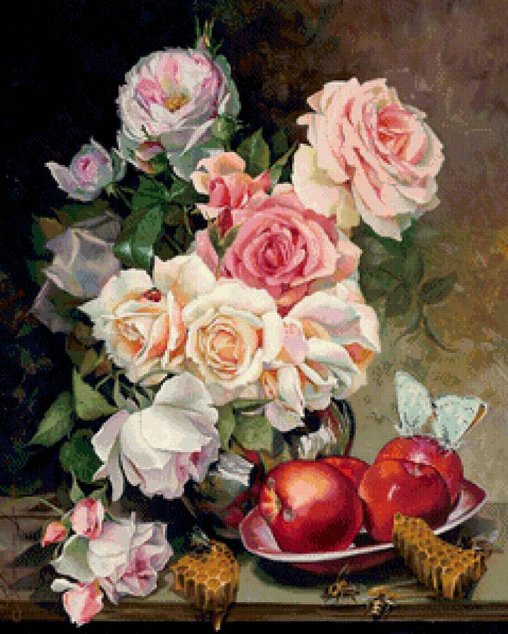 натюрморт с розами и яблоками - розы, мед, ваза, яблоки, пчелы, живопись, фрукты, натюрморт - предпросмотр