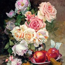Оригинал схемы вышивки «натюрморт с розами и яблоками» (№830338)