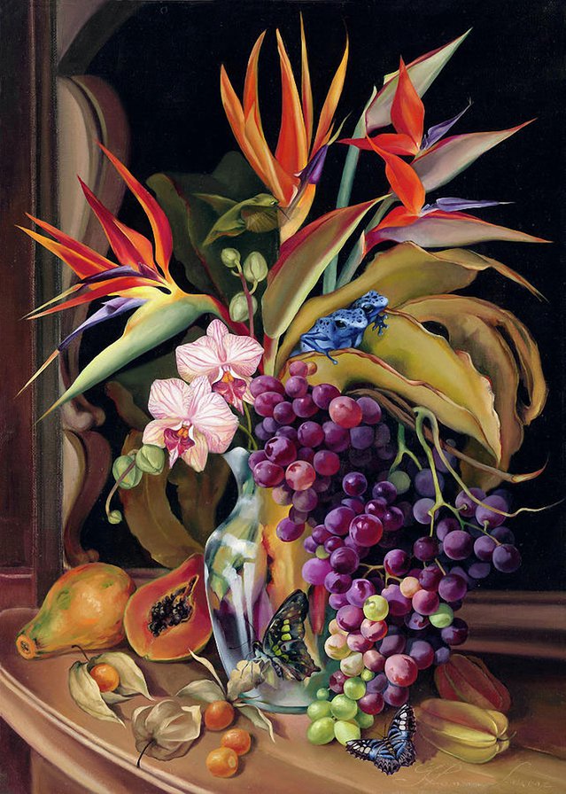 натюрморт с цветами и фруктами - букет, кухня, еда, ваза, натюрморт, виноград, цветы, фрукты - оригинал