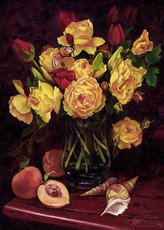 жёлтые розы - натюрморт, фрукты, живопись, розы, персики, ракушки - оригинал