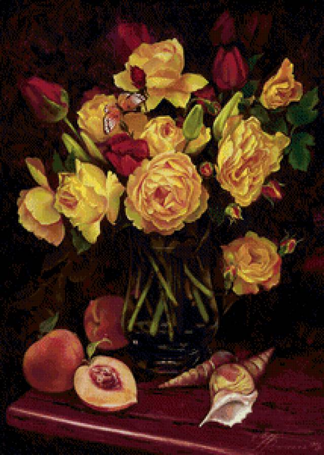 жёлтые розы - розы, ракушки, живопись, персики, фрукты, натюрморт - предпросмотр