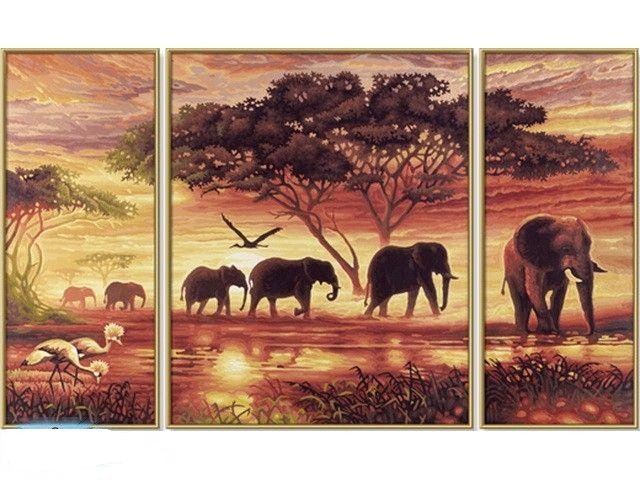 триптих - слоны, африка, животные, природа - оригинал
