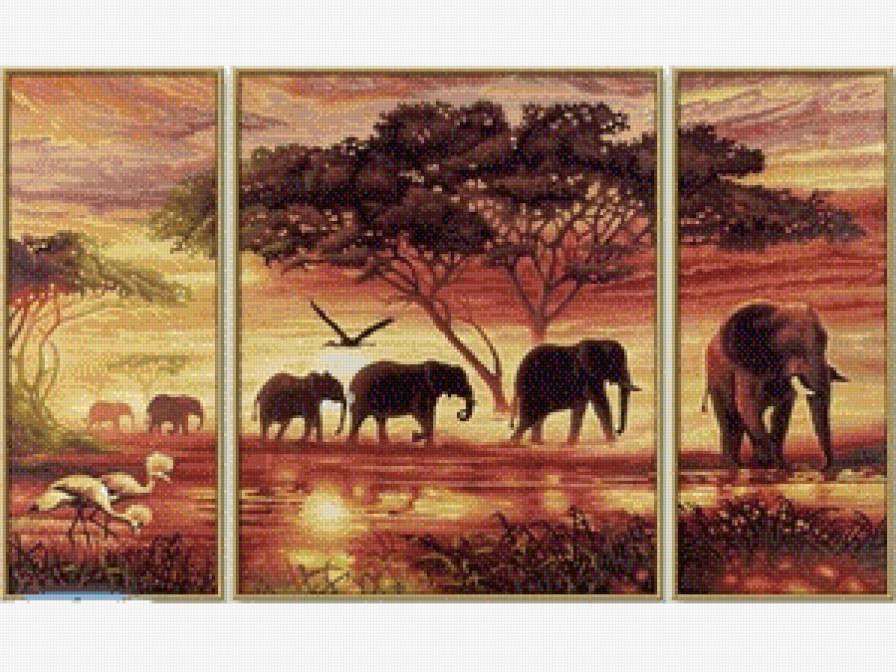 триптих - африка, природа, слоны, животные - предпросмотр