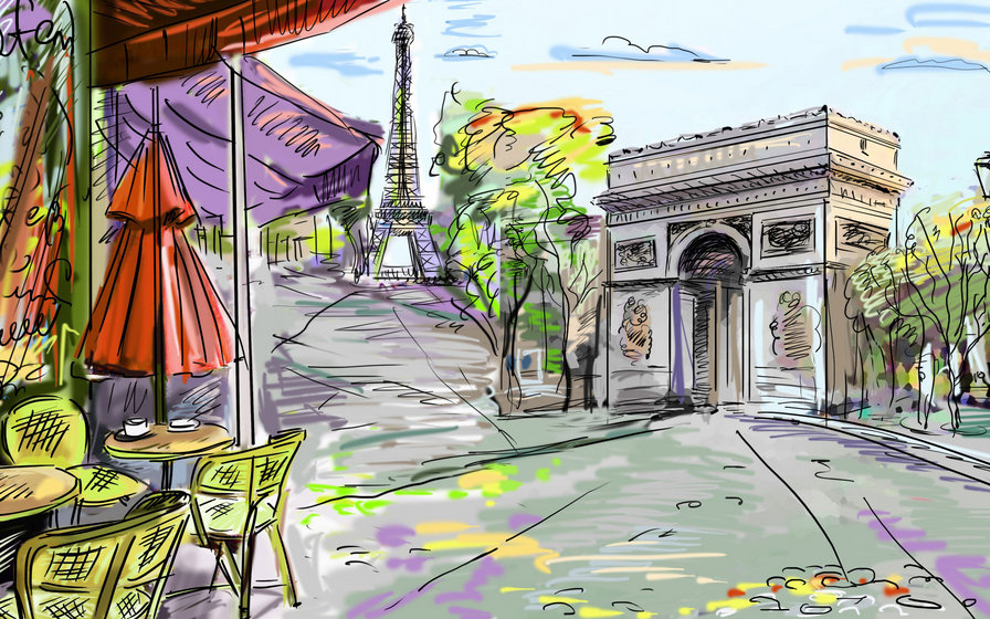 парижская улочка - улица, париж, город, франция, фонарь, эйфелева башня, рисунок - оригинал