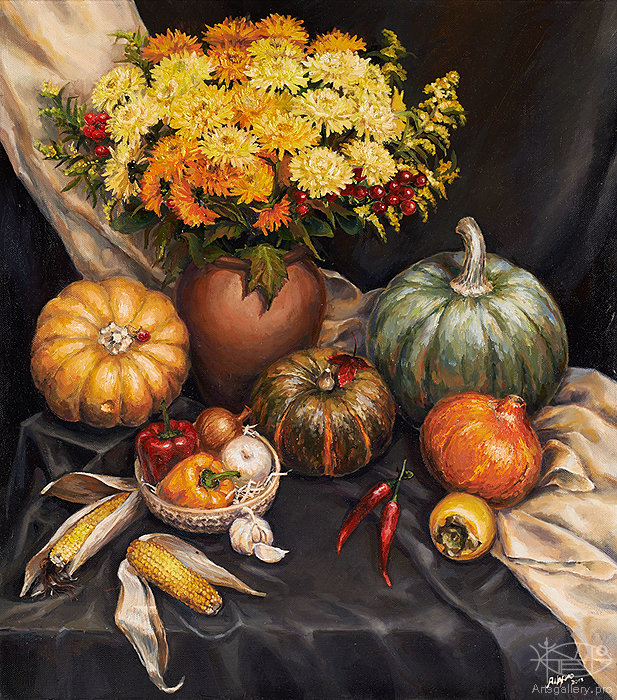 натюрморт с овощами и цветами - натюрморт, овощи, живопись, тыква, ваза, цветы - оригинал